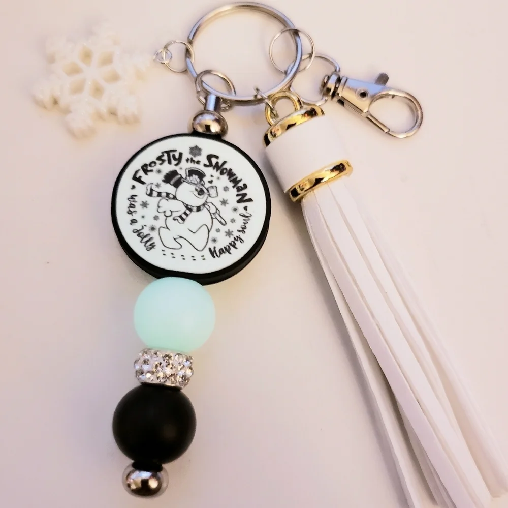 Handmade Glow In Dark Silicone Focal Beaded Retro Frosty The Snowman Keychain